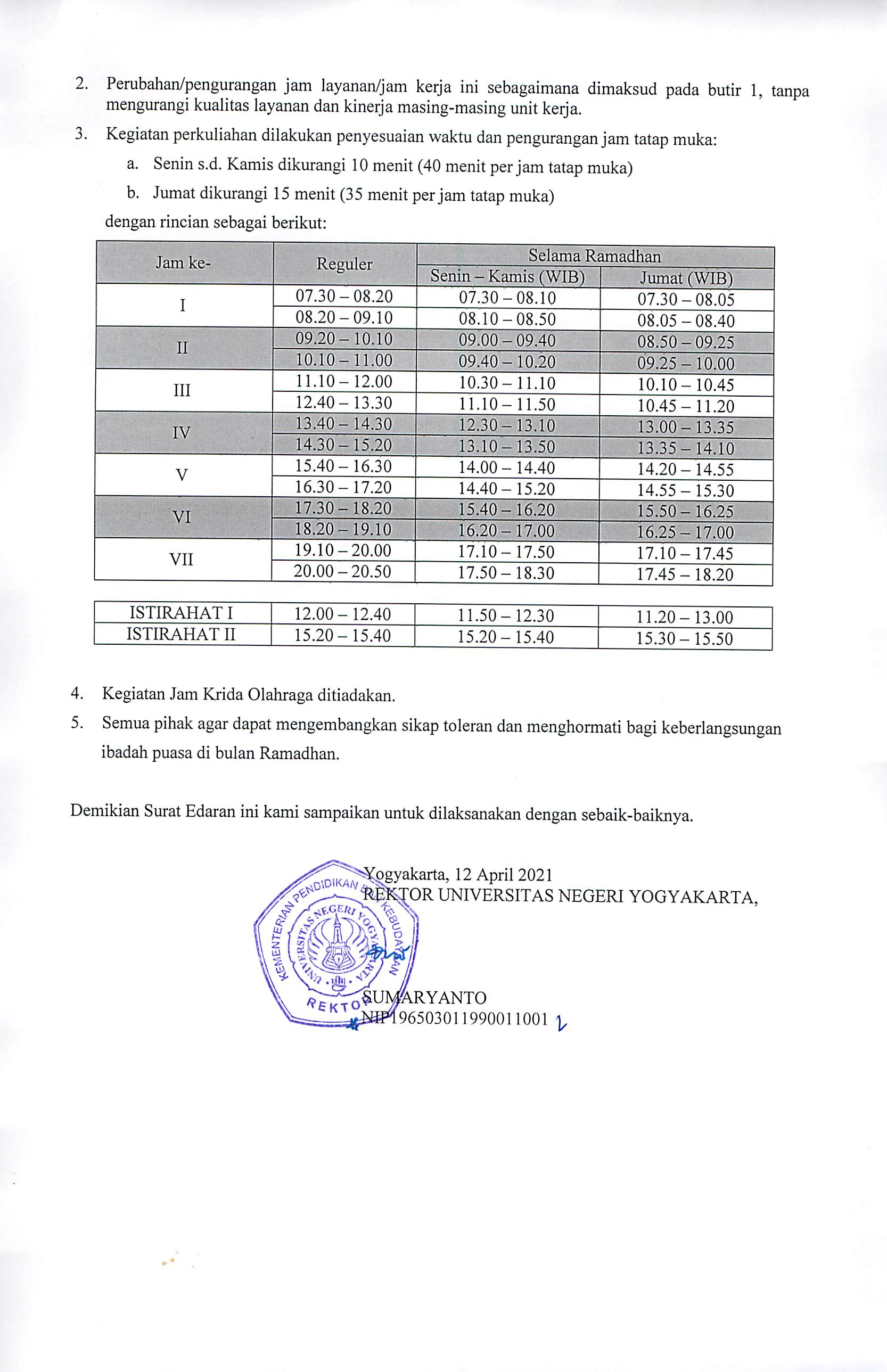 SURAT EDARAN NO 13/SE/2021 TENTANG PENETAPAN JAM KERJA DAN PERKULIAHAN ...